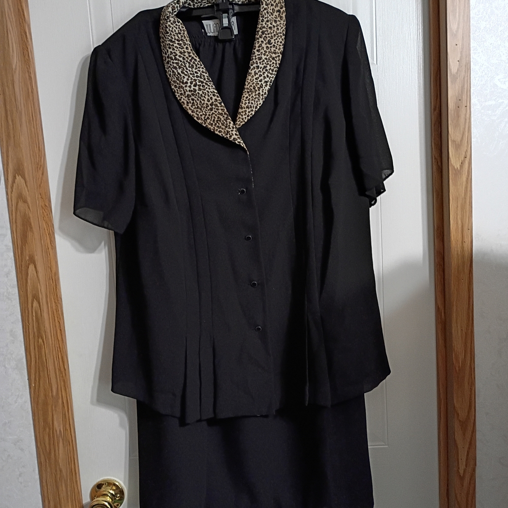 Julian Taylor Black Skirt Set with Leopard Print Collar